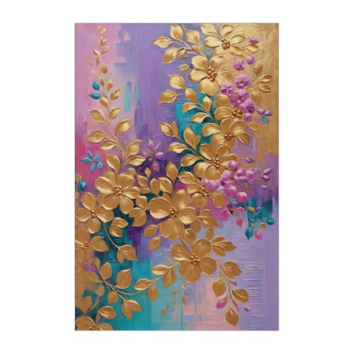 Golden Flowers Painted On Pink Lilac Turquoise Acrylic Print
