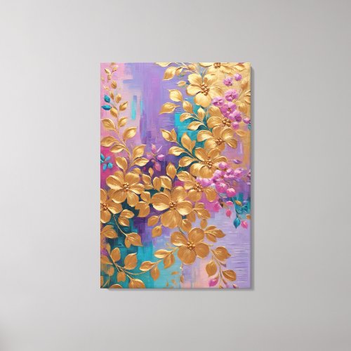 Golden Flowers Painted On Pink Lilac Turquoise Canvas Print
