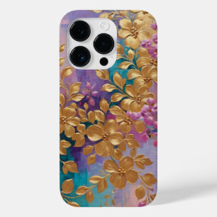 Golden Flowers Painted On Pink Lilac Turquoise Case-Mate iPhone 14 Pro Case