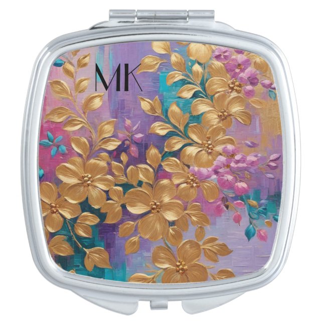 Golden Flowers Painted On Pink Lilac Turquoise Compact Mirror (Front)