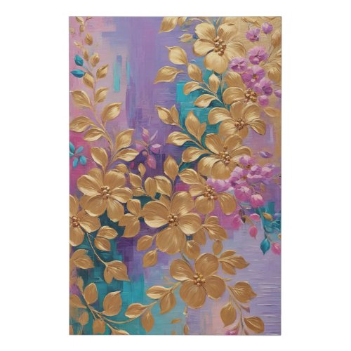 Golden Flowers Painted On Pink Lilac Turquoise Faux Canvas Print
