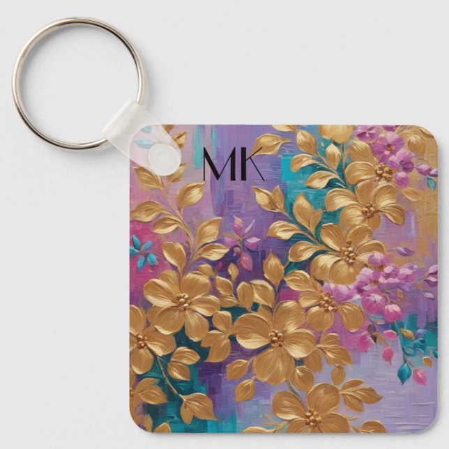 Golden Flowers Painted On Pink Lilac Turquoise Keychain (Front)