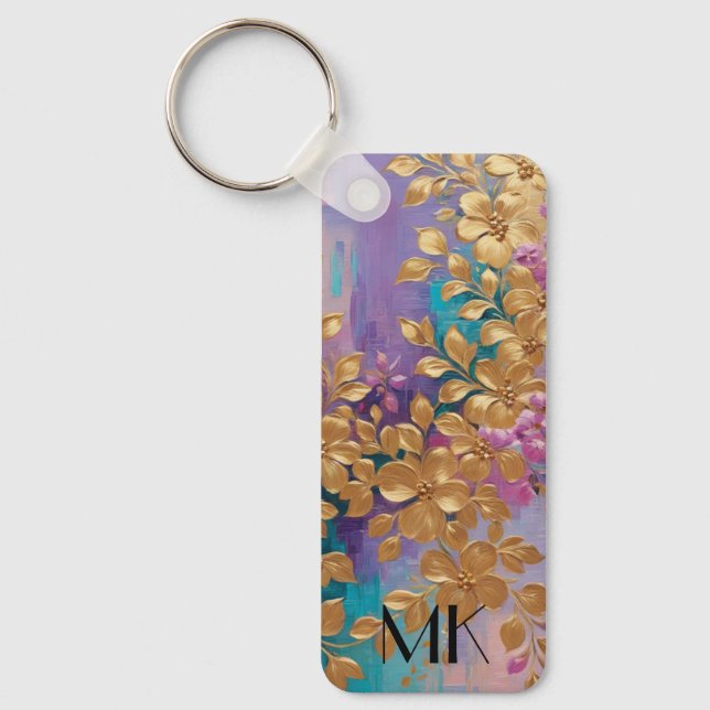 Golden Flowers Painted On Pink Lilac Turquoise Keychain (Front)