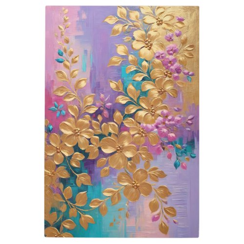 Golden Flowers Painted On Pink Lilac Turquoise Metal Print
