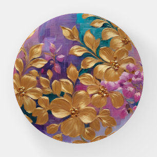 Golden Flowers Painted On Pink Lilac Turquoise Paperweight