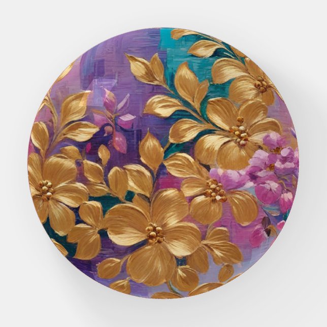 Golden Flowers Painted On Pink Lilac Turquoise Paperweight (Front)