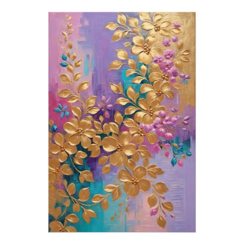 Golden Flowers Painted On Pink Lilac Turquoise Photo Print