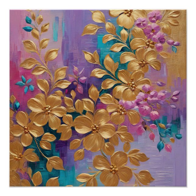 Golden Flowers Painted On Pink Lilac Turquoise Poster (Front)