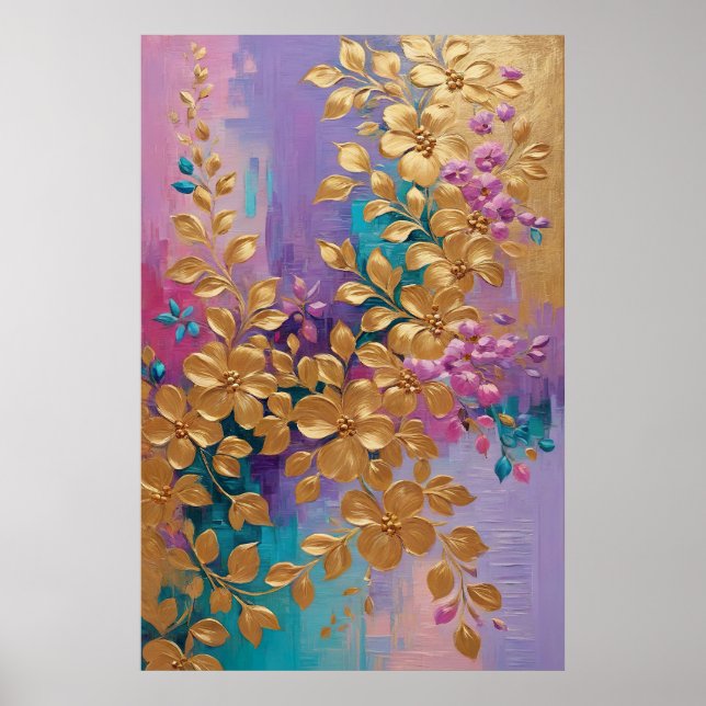 Golden Flowers Painted On Pink Lilac Turquoise Poster (Front)