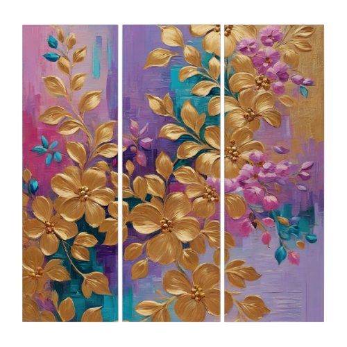 Golden Flowers Painted On Pink Lilac Turquoise Triptych