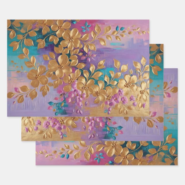 Golden Flowers Painted On Pink Lilac Turquoise Wrapping Paper Sheets (Set)
