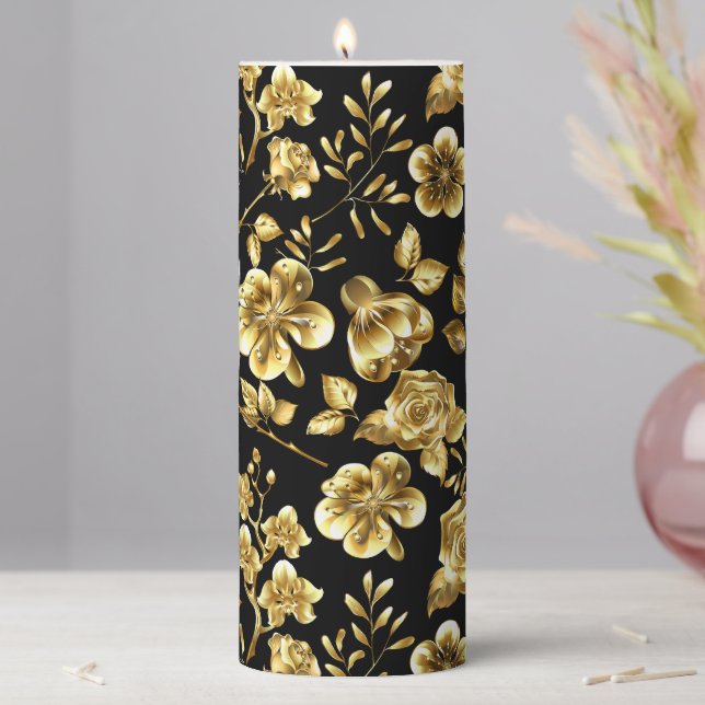 Golden flowers Pattern B01 Black BG Pillar Candle (In Situ)