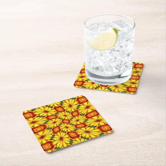 Golden Flowers Pattern Square Paper Coaster (Insitu)