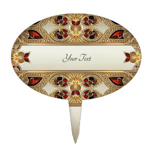 Golden Flowers Red Gemstone Cake Topper