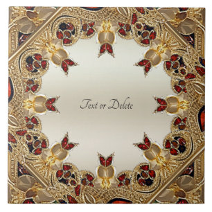 Golden Flowers Red Gemstone Ceramic Tile