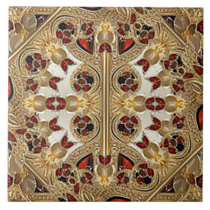 Golden Flowers Red Gemstone Ceramic Tile