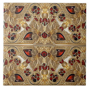Golden Flowers Red Gemstone Ceramic Tile