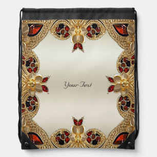 Golden Flowers Red Gemstone Drawstring Backpack