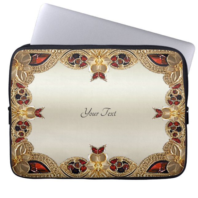 Golden Flowers Red Gemstone Laptop Sleeve (Front)