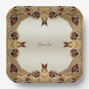 Golden Flowers Red Gemstone Paper Plate