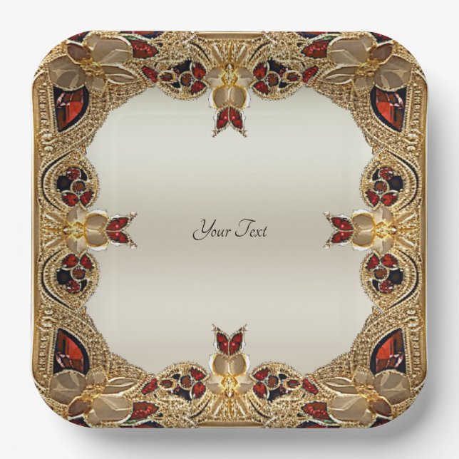 Golden Flowers Red Gemstone Paper Plate (Front)