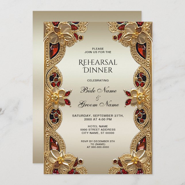 Golden Flowers Red Gemstone Rehearsal Dinner Invitation (Front/Back)