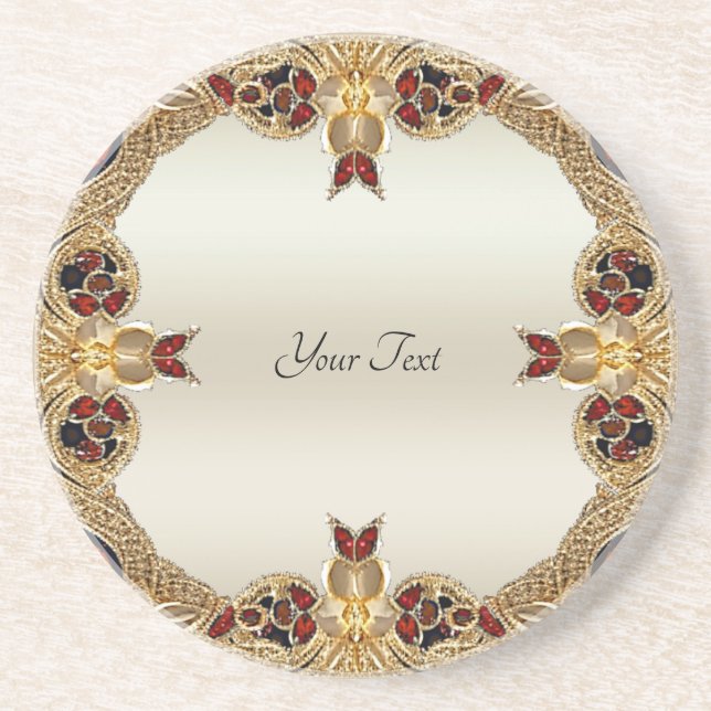 Golden Flowers Red Gemstone Sandstone Coaster (Front)
