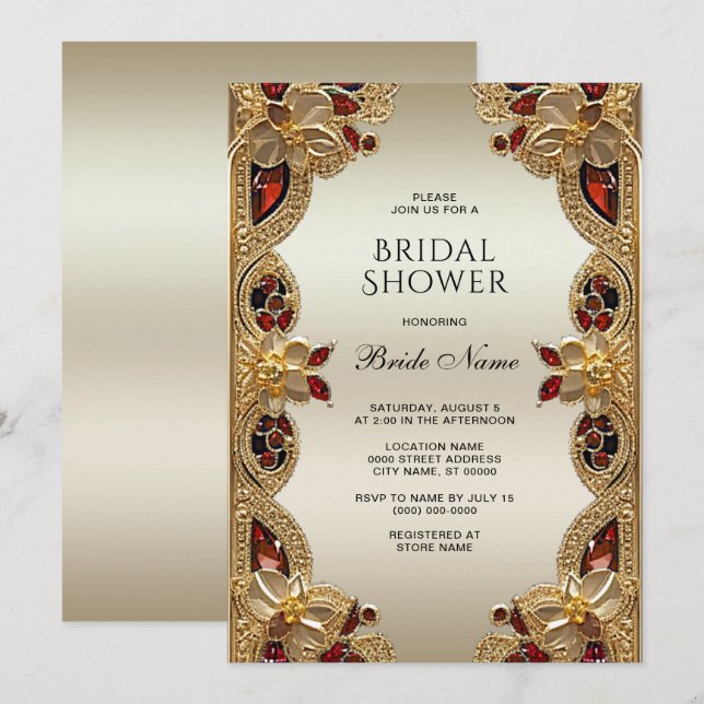 Golden Flowers Red Gemstone Splendor Bridal Shower Invitation (Front/Back)