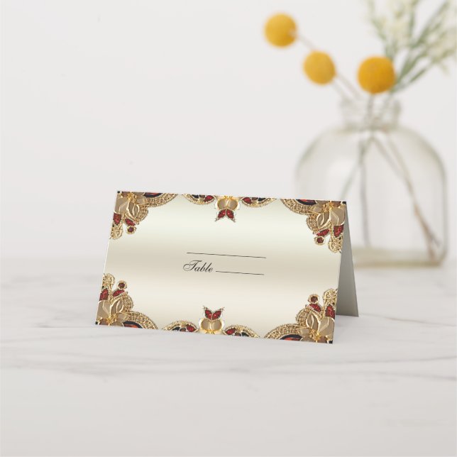 Golden Flowers Red Gemstone Splendor Place Card (Front)
