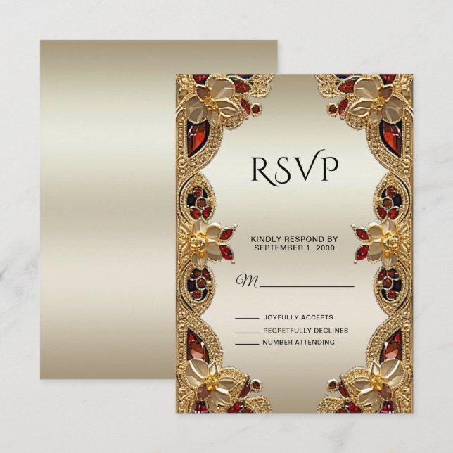 Golden Flowers Red Gemstone Splendor RSVP Card (Front/Back)