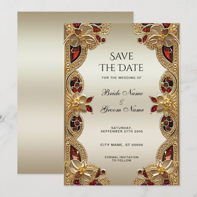 Golden Flowers Red Gemstone Splendor Save The Date (Front/Back)