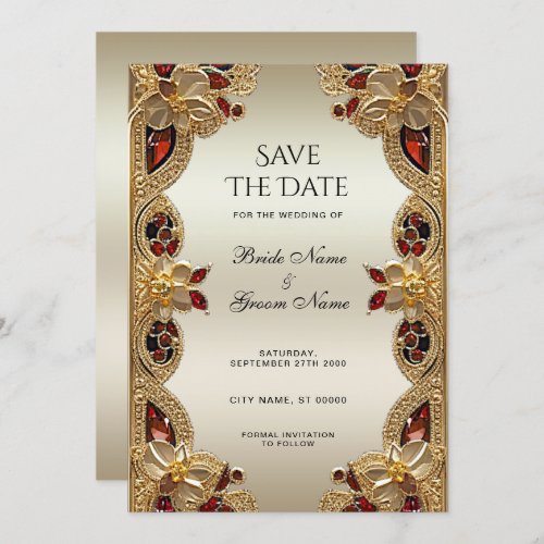 Golden Flowers Red Gemstone Splendor Save The Date