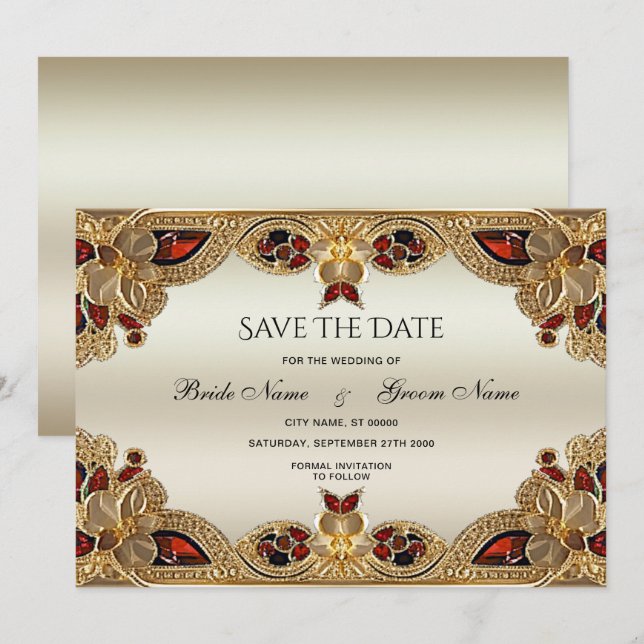 Golden Flowers Red Gemstone Splendor Save The Date (Front/Back)
