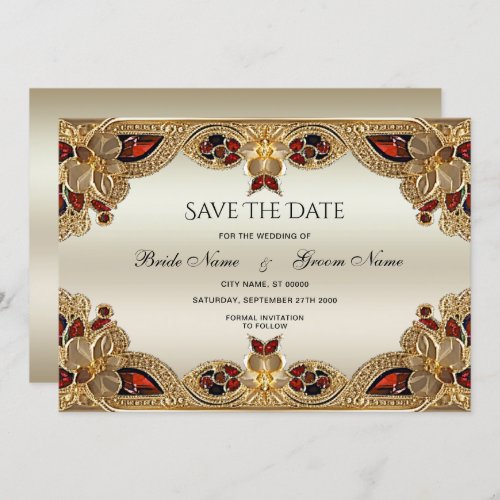 Golden Flowers Red Gemstone Splendor Save The Date