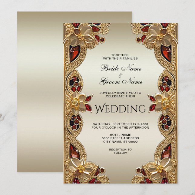 Golden Flowers Red Gemstone Splendor Wedding Invitation (Front/Back)