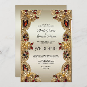 Golden Flowers Red Gemstone Splendor Wedding Invitation