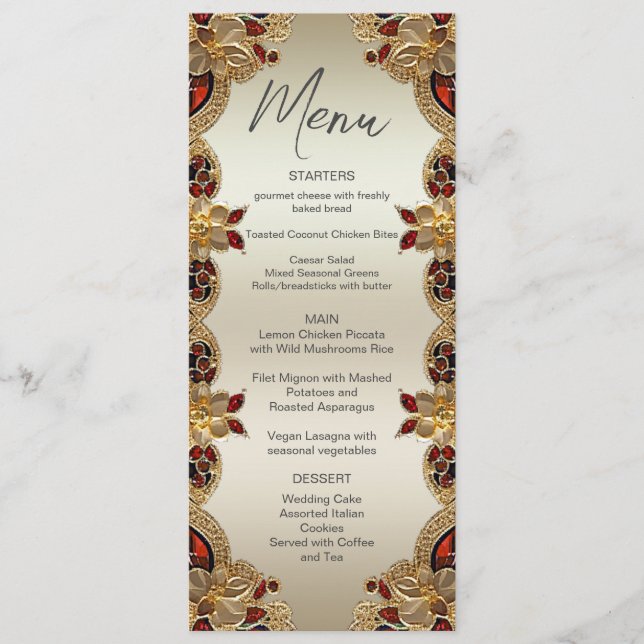 Golden Flowers Red Gemstone Splendor Wedding Menu (Front)