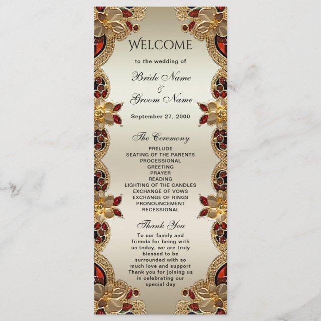 Golden Flowers Red Gemstone Splendor Wedding Program (Front)