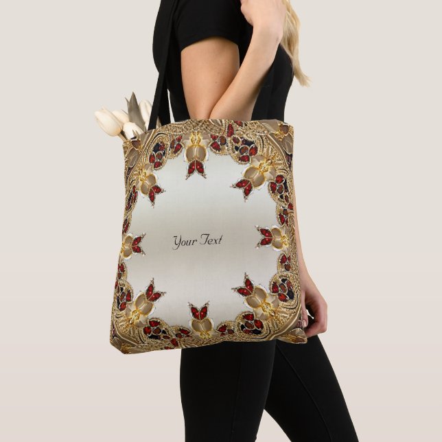 Golden Flowers Red Gemstone Tote Bag (Close Up)