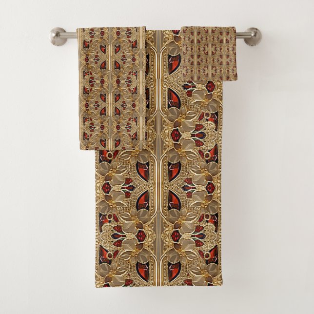 Golden Flowers Red Gemstone Towel Set (Insitu)