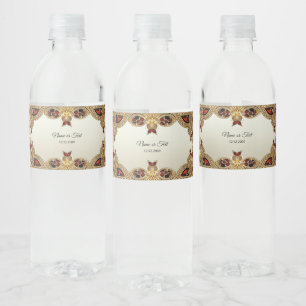 Golden Flowers Red Gemstone Water Bottle Label