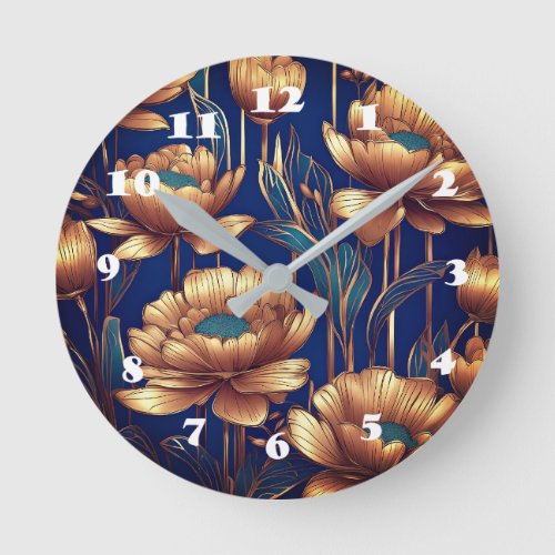 Golden Flowers Round Clock