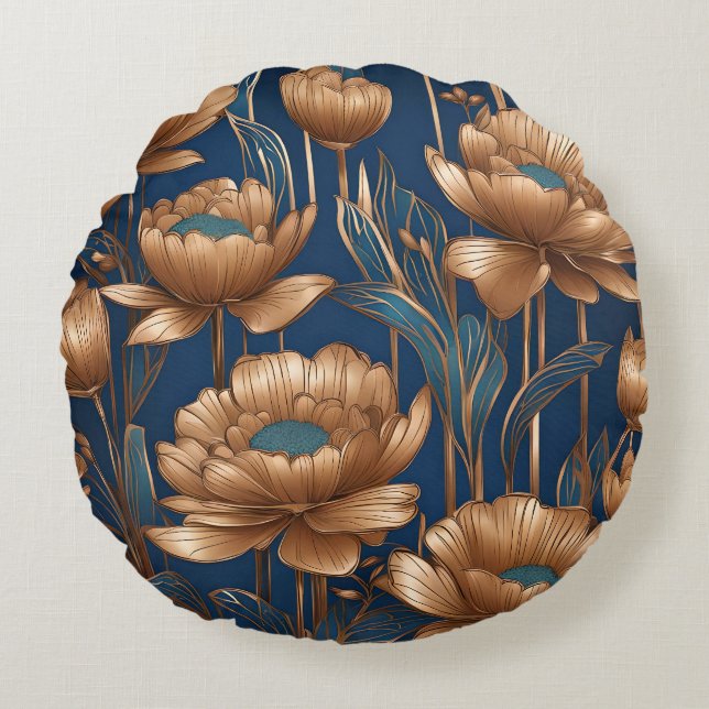 Golden Flowers Round Pillow (Front)
