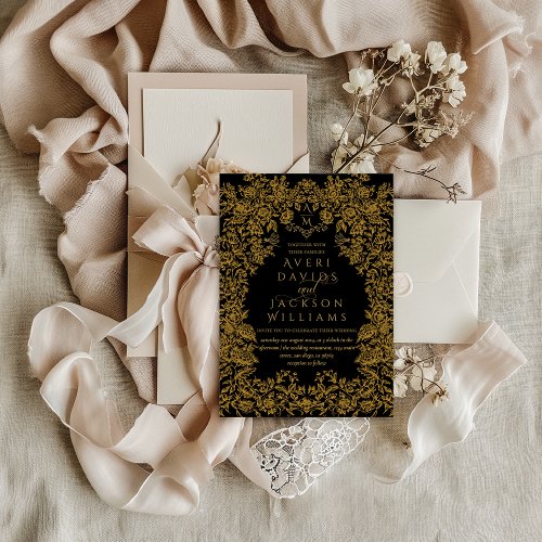 Golden Flowers Vintage Eleganse Monogram Wedding Invitation