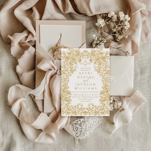Golden Flowers Vintage Eleganse Monogram Wedding Invitation