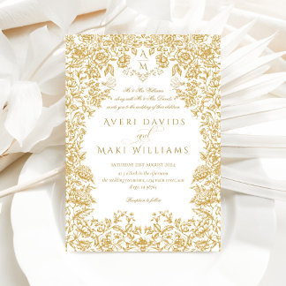 Golden Flowers Vintage Eleganse Monogram Wedding Invitation