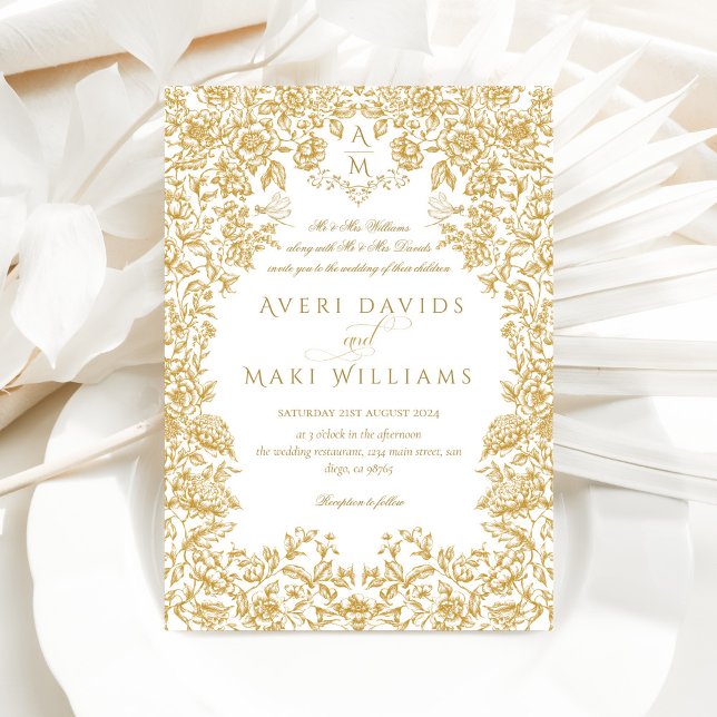 Golden Flowers Vintage Eleganse Monogram Wedding Invitation (Creator Uploaded)