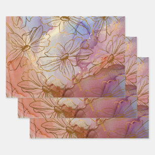 Golden Foil Flowers on Pastel Abstract Wrapping Paper Sheets