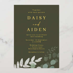 Golden Foil Green Leaf Olive Wedding Invitation