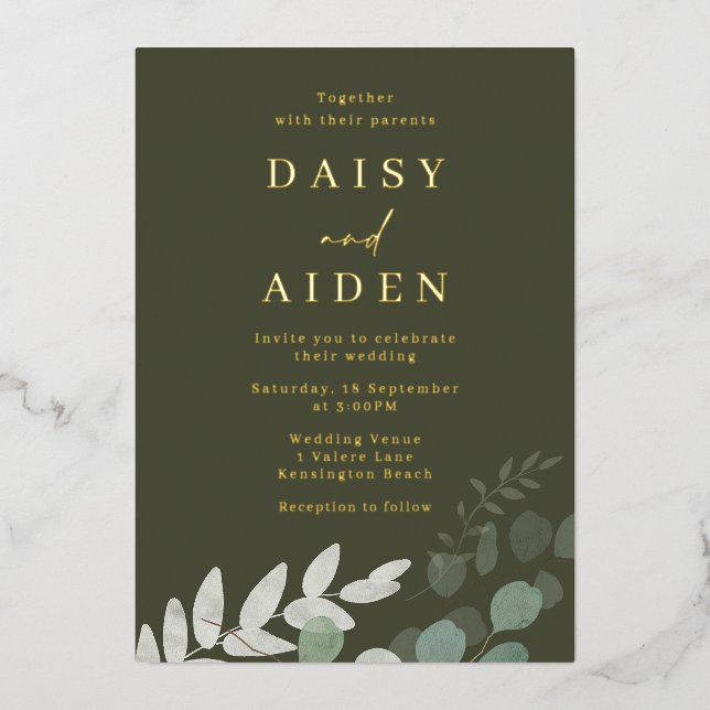 Golden Foil Green Leaf Olive Wedding Invitation (Front)